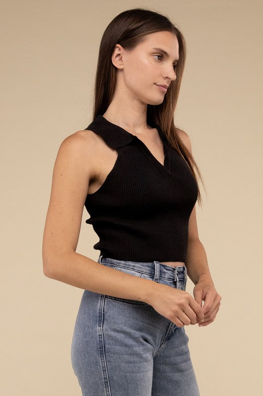 Sleeveless Collared Crop Knit Top