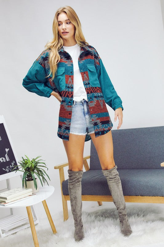 PLUS PRINTED BUTTON DOWN LONG SLEEVE JACKET