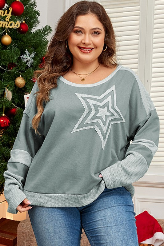 Women Stars Patchwork Round Neck Plus Size T Shirt