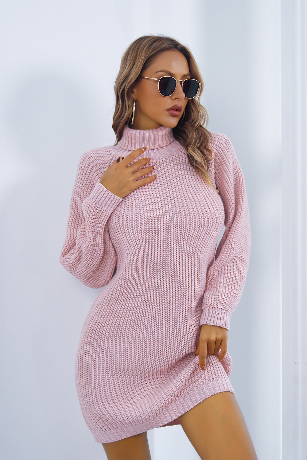 Buttoned Turtleneck Long Sleeve Sweater Dress