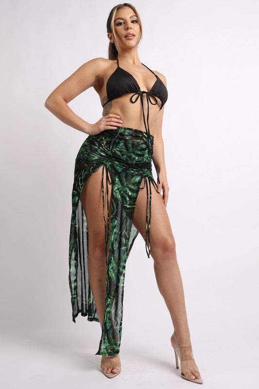 Printed mesh skirt set with double slit