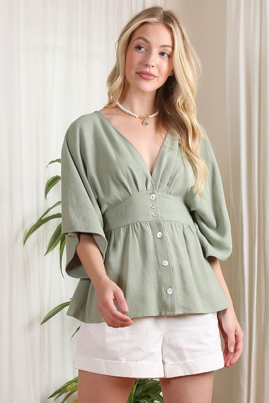 SS deep V neck button down top