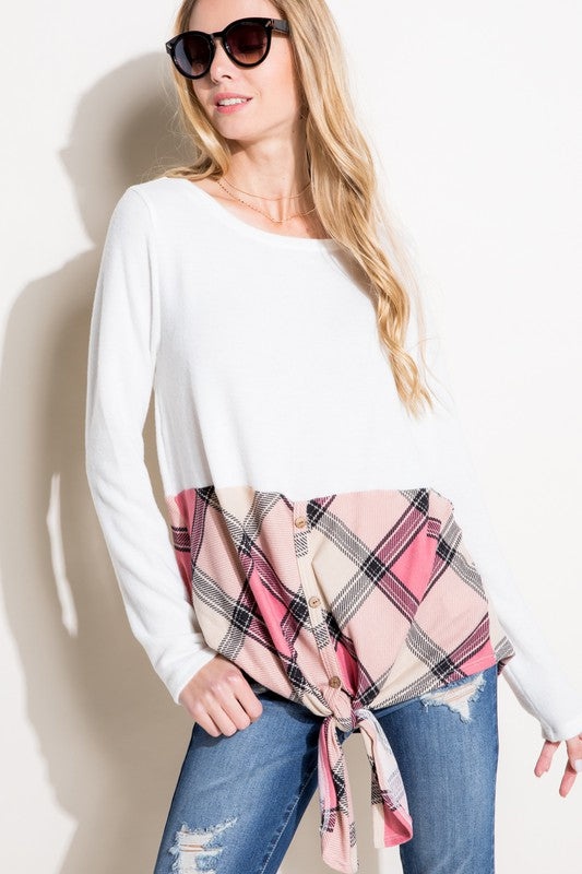 PLAID MIXED BUTTON FRONT TOP