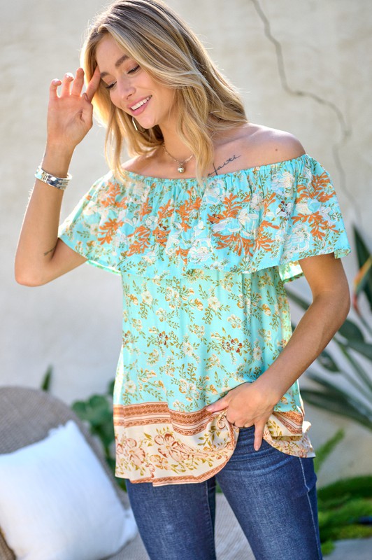 PRINTED OFF SHOULDER SMOCKED TOP