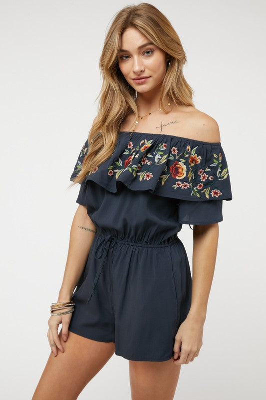 FLORAL EMBROIDERED OFF SHOULDER ROMPER