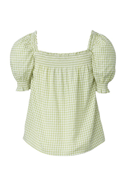 Smocked blouse with puff sleeve