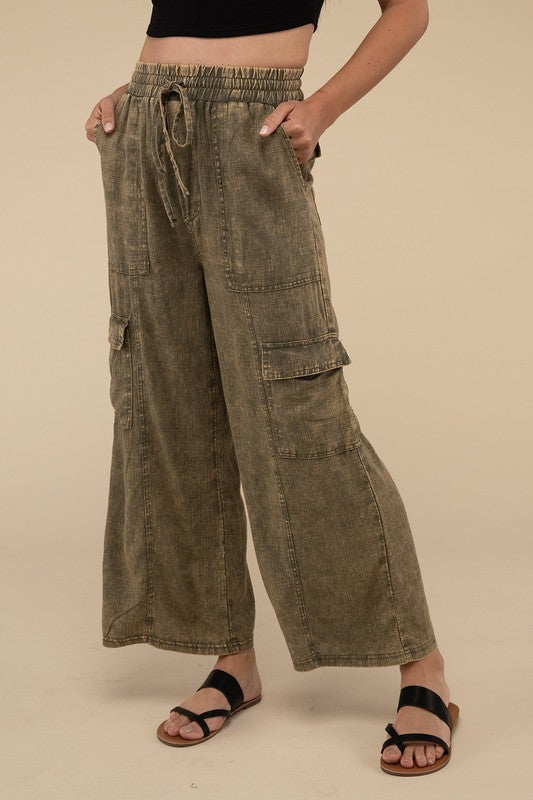 Washed Linen Elastic Band Waist Cargo Pants