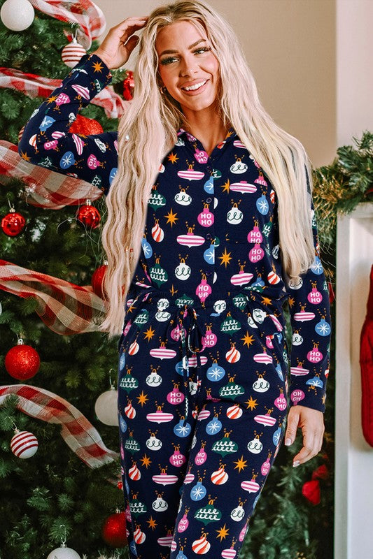 Women Christmas Print Shirt and Pants Pajama Set