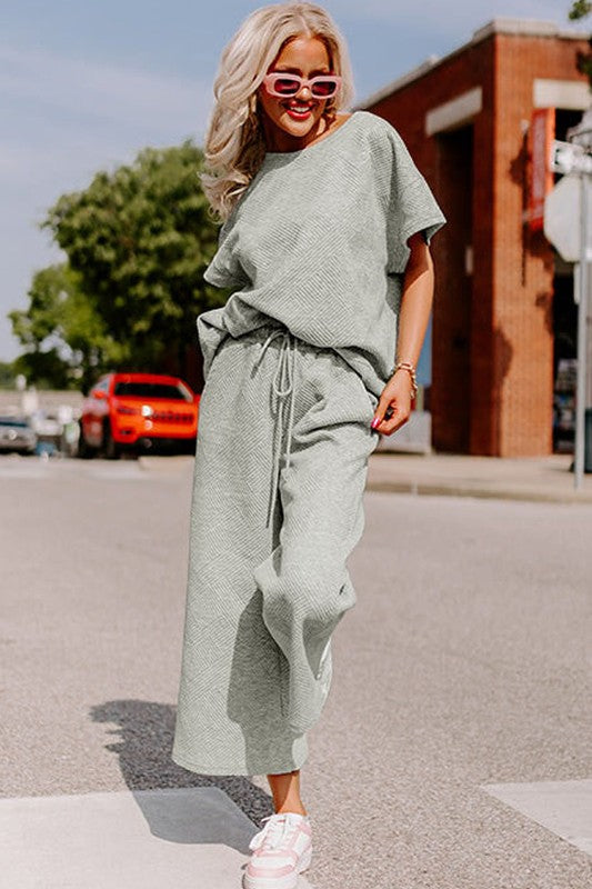 Women Textured T Shirt and Drawstring Pants Set