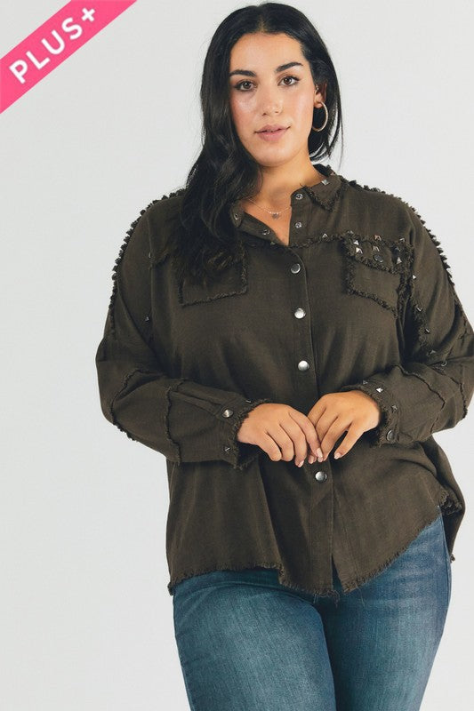 PLUS Distressed hem button down oversize shirt