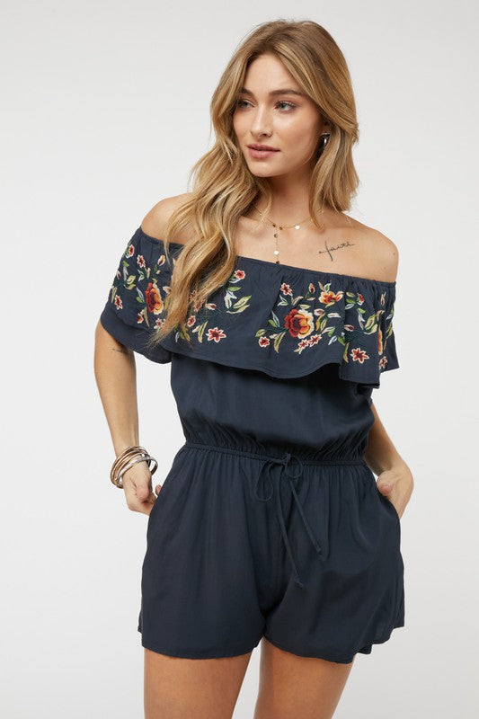 FLORAL EMBROIDERED OFF SHOULDER ROMPER