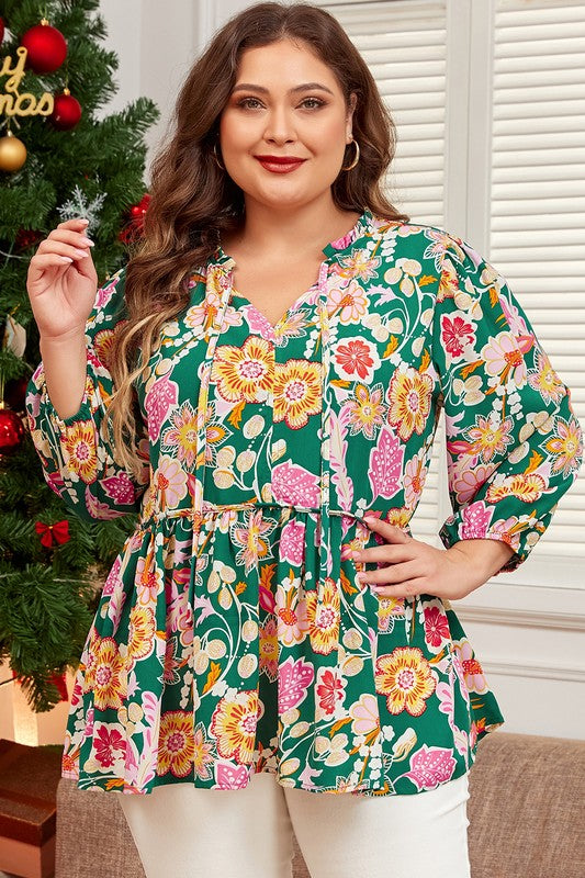 Tied V Neck Long Sleeve Plus Size Babydoll Top