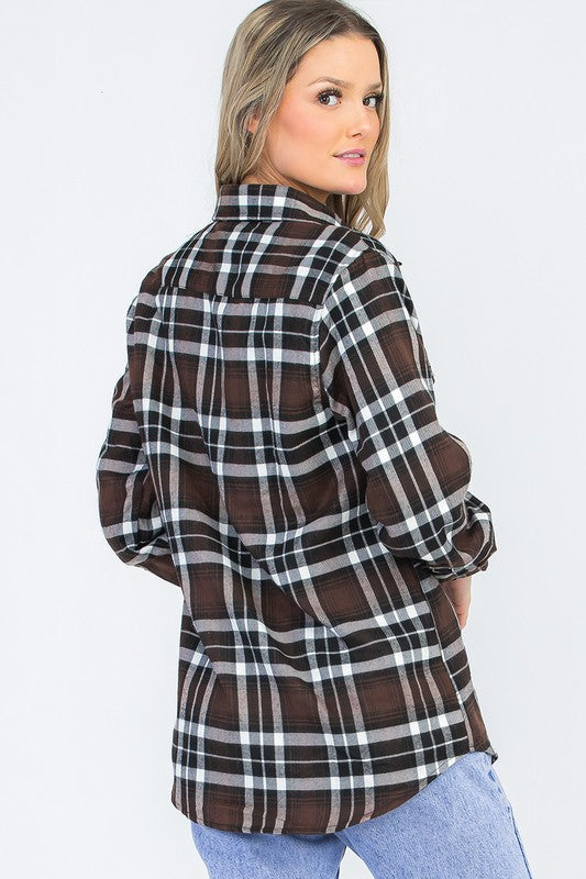 Women's Boyfriend Fit Checker Plaid Flannel Long Sleeve