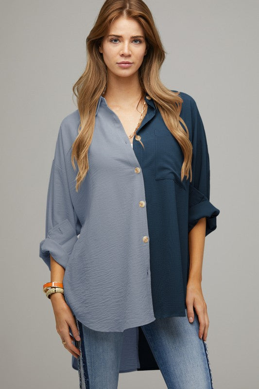 COLOR BLOCK BUTTON DOWN SHIRT