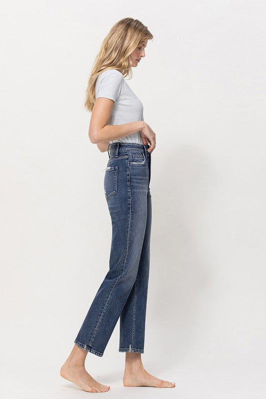 Distressed High Rise Stretch Ankle Straight Denim Pants