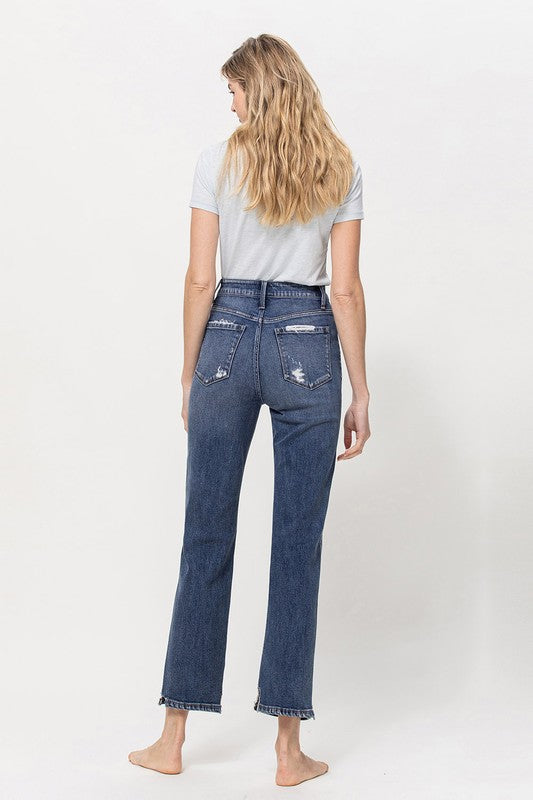 Distressed High Rise Stretch Ankle Straight Denim Pants