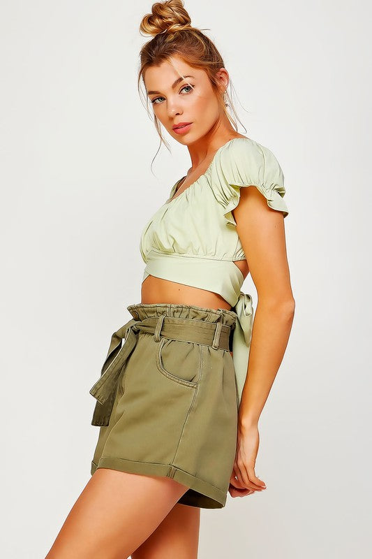 OFF SHOULDER PLEATED CROP TOP WITH BACK RIBBON TIE