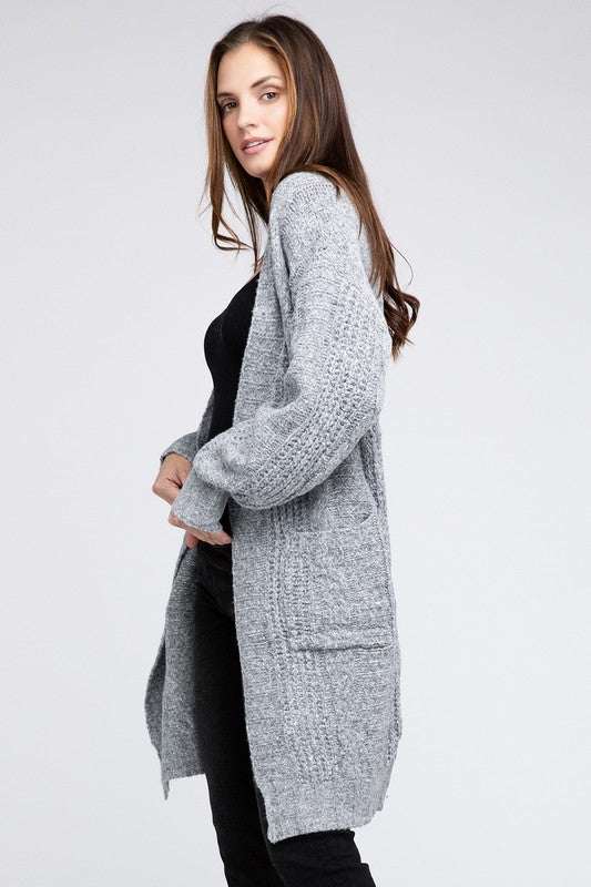 Twist Knitted Open Front Cardigan With Pockets