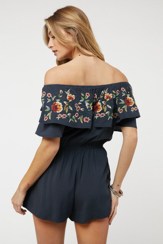 FLORAL EMBROIDERED OFF SHOULDER ROMPER