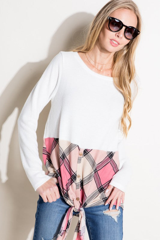 PLAID MIXED BUTTON FRONT TOP