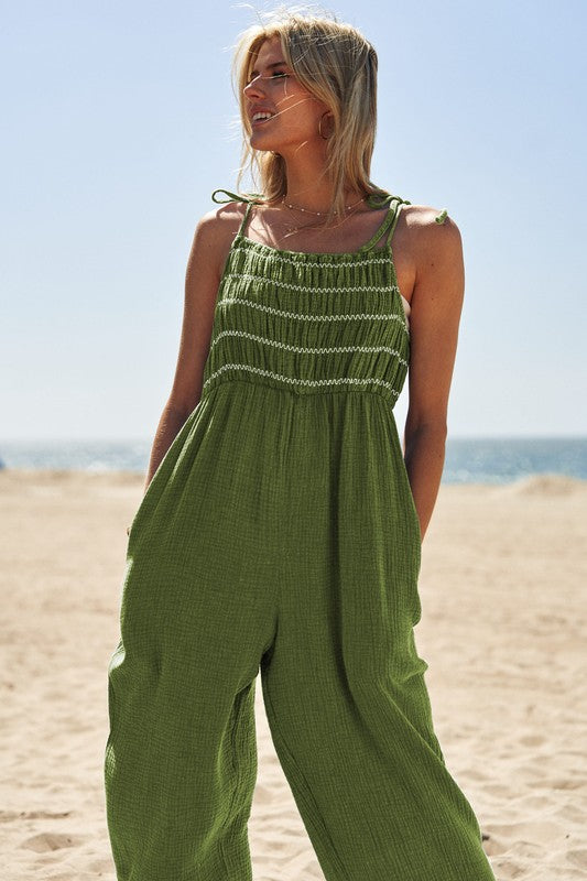 Washed Multi Smocked Detail Tie Straps Jumpsuit