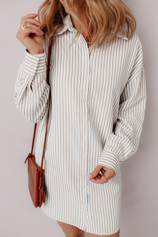 Stripe Long Sleeve Button Up Mini Shirt Dress