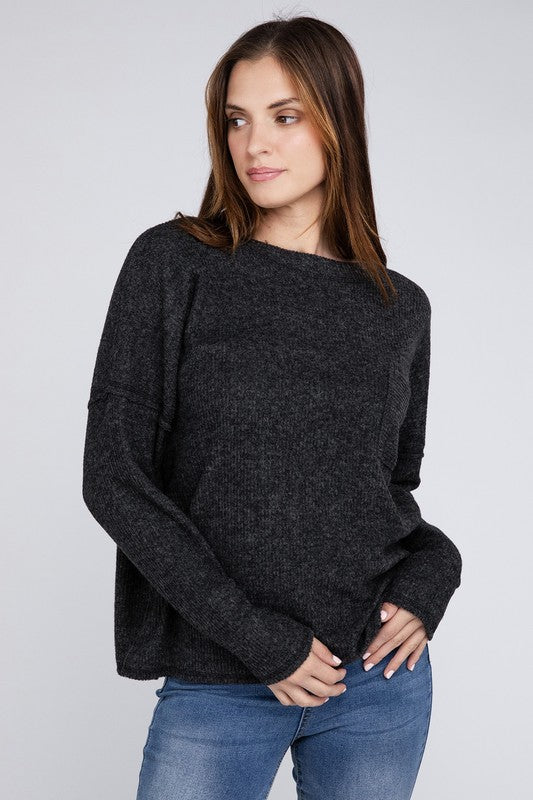 Ribbed Brushed Melange Hacci Sweater with a Pocket