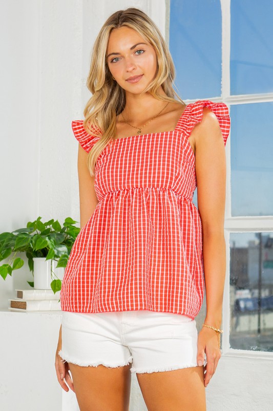 Ruffle Sleeve Tie Back Gingham Top