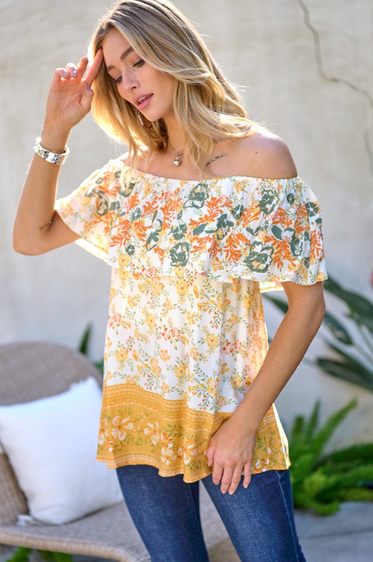 PRINTED OFF SHOULDER SMOCKED TOP