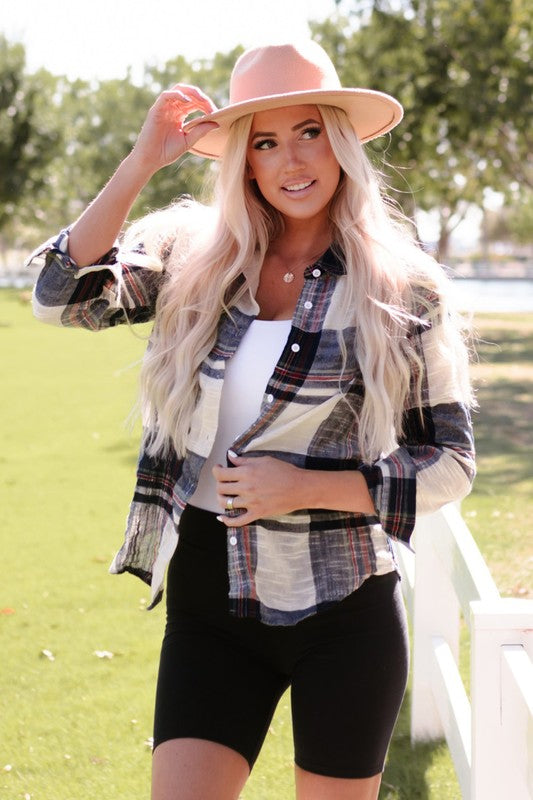 Women Distressed Raw Edge Plaid Print Shirt