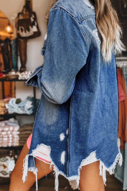 Women Wash Distressed Frayed Long Denim Jacket