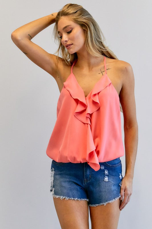 SOLID V NECK SLEEVELESS RUFFLE TOP