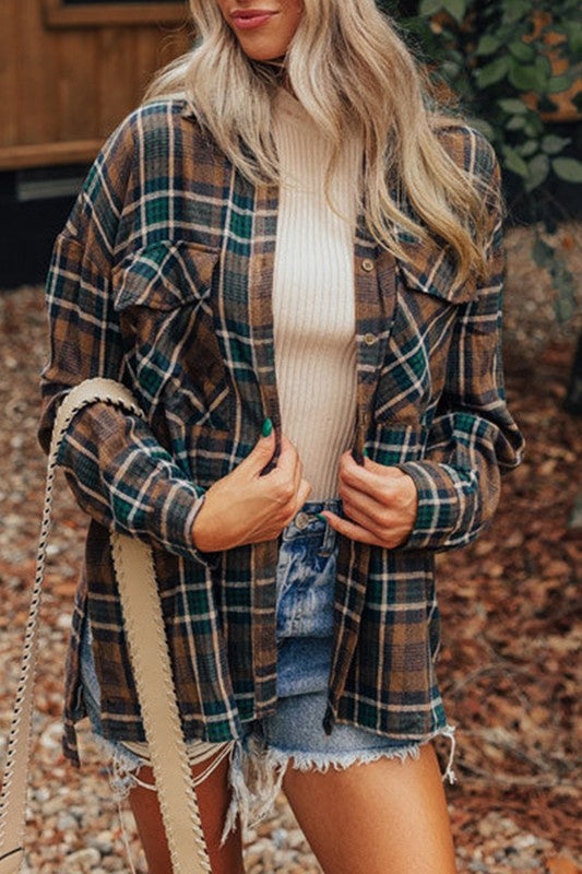 Women Plaid Print Pockets Buttoned Shirt Jacket