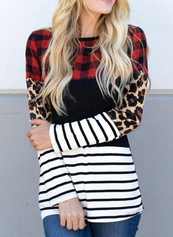 Women Splicing Striped Color Block Long Sleeve Top