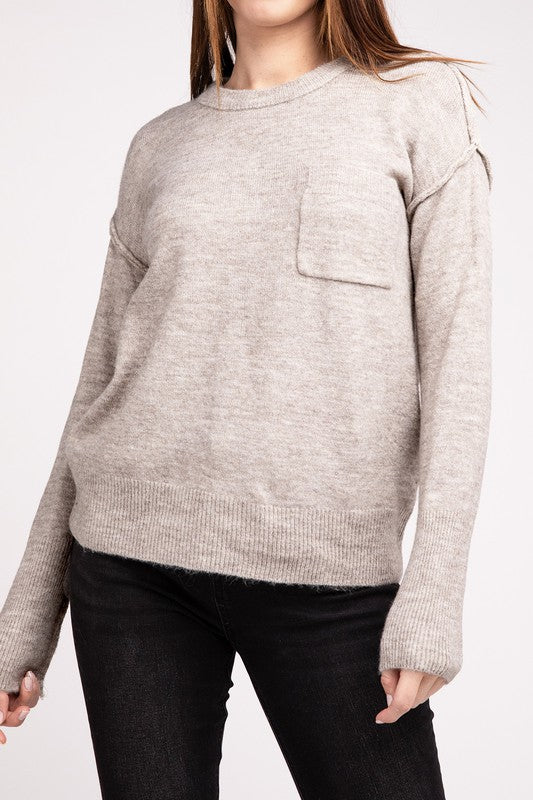 Melange Hi-Low hem Round Neck Sweater