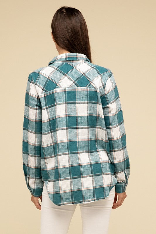 Cotton Plaid Shacket With Front Pocket