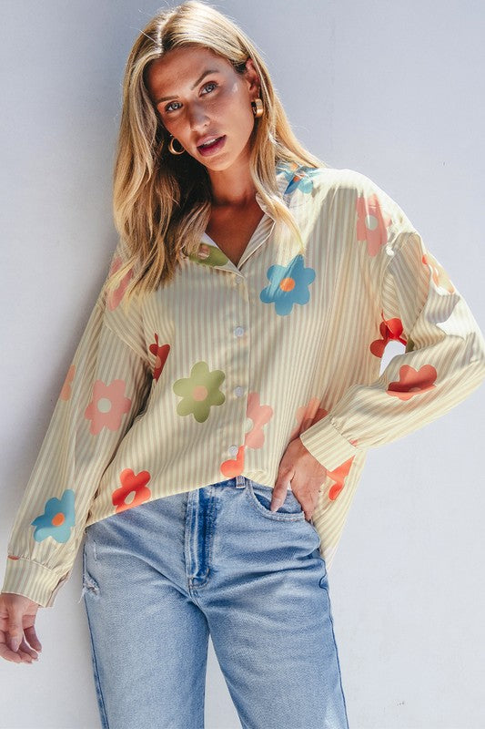 Flower Print Collared Button-up Loose Fit Blouse