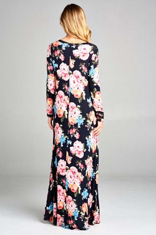 LONG SLEEVE FLORAL PRINT MAXI DRESS W/ POCKET