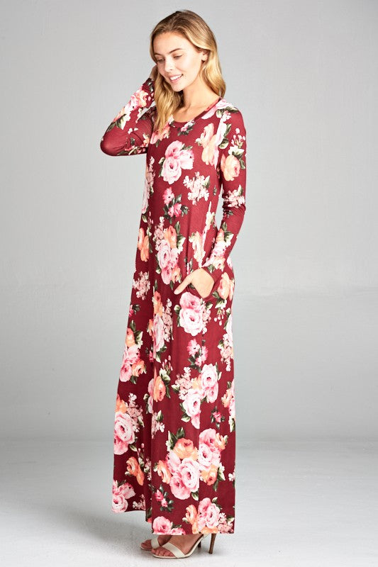 LONG SLEEVE FLORAL PRINT MAXI DRESS W/ POCKET