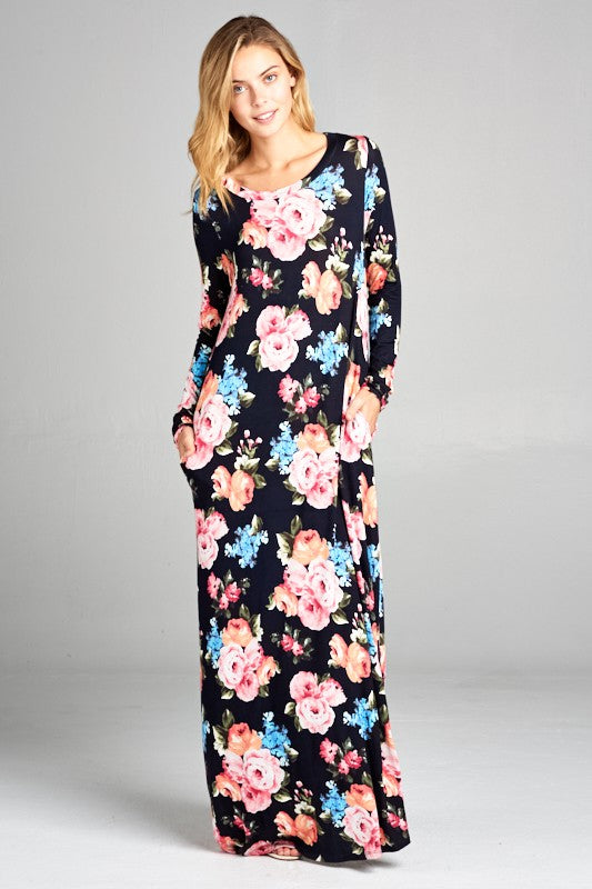 LONG SLEEVE FLORAL PRINT MAXI DRESS W/ POCKET