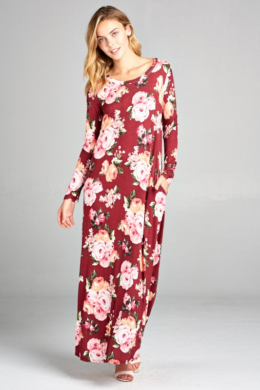 LONG SLEEVE FLORAL PRINT MAXI DRESS W/ POCKET