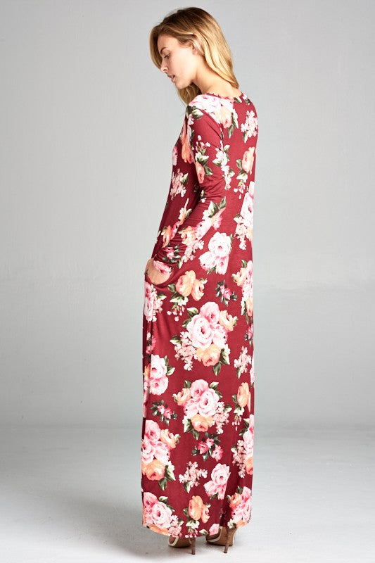 LONG SLEEVE FLORAL PRINT MAXI DRESS W/ POCKET