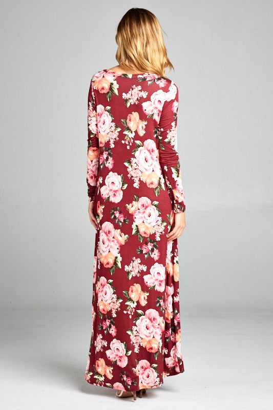 LONG SLEEVE FLORAL PRINT MAXI DRESS W/ POCKET