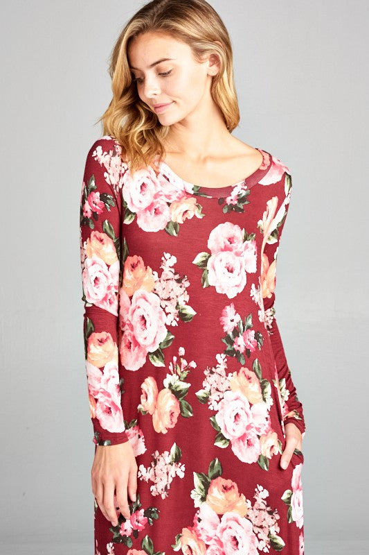 LONG SLEEVE FLORAL PRINT MAXI DRESS W/ POCKET