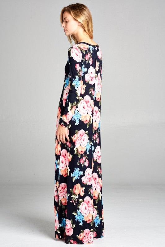 LONG SLEEVE FLORAL PRINT MAXI DRESS W/ POCKET