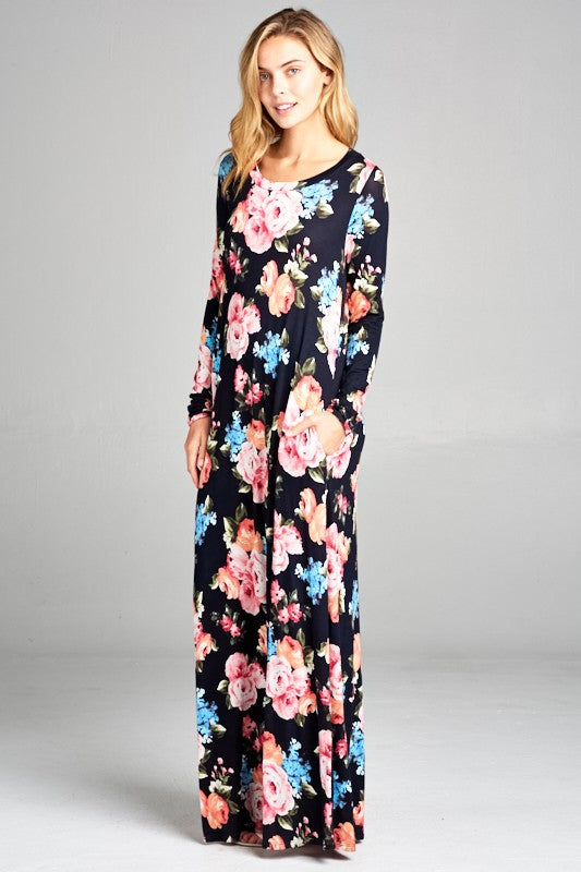 LONG SLEEVE FLORAL PRINT MAXI DRESS W/ POCKET