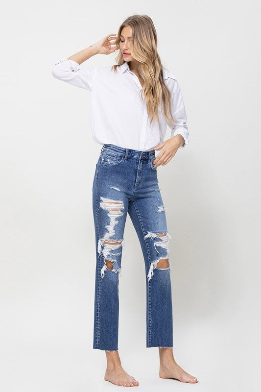 Distressed High Rise Ankle Relaxed Straight Rip Denim Pants