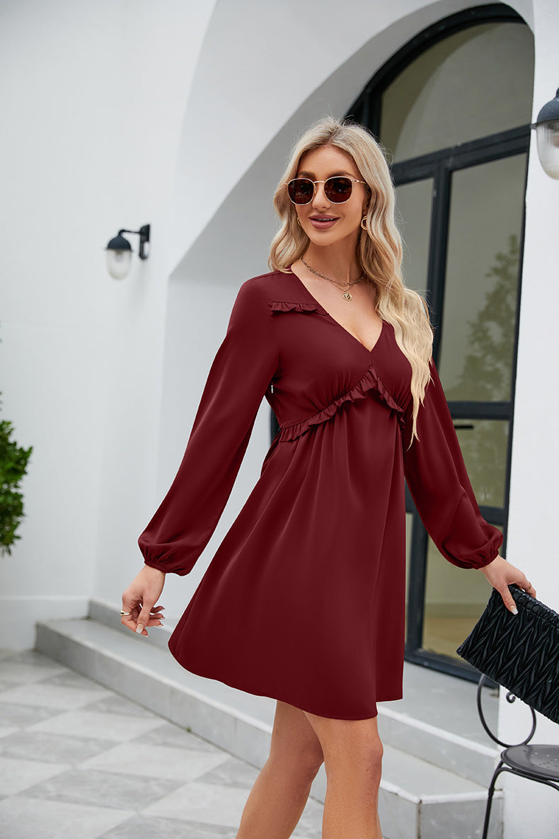 Frill Trim V-Neck Long Sleeve Dress