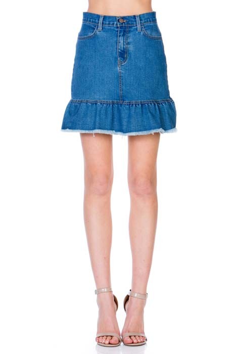 High Waisted A-line Ruffle Hem Denim Skirt