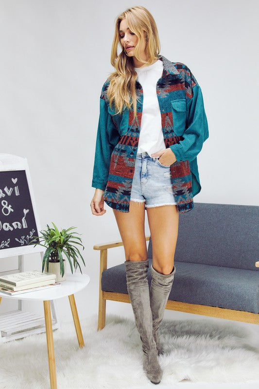 PLUS PRINTED BUTTON DOWN LONG SLEEVE JACKET